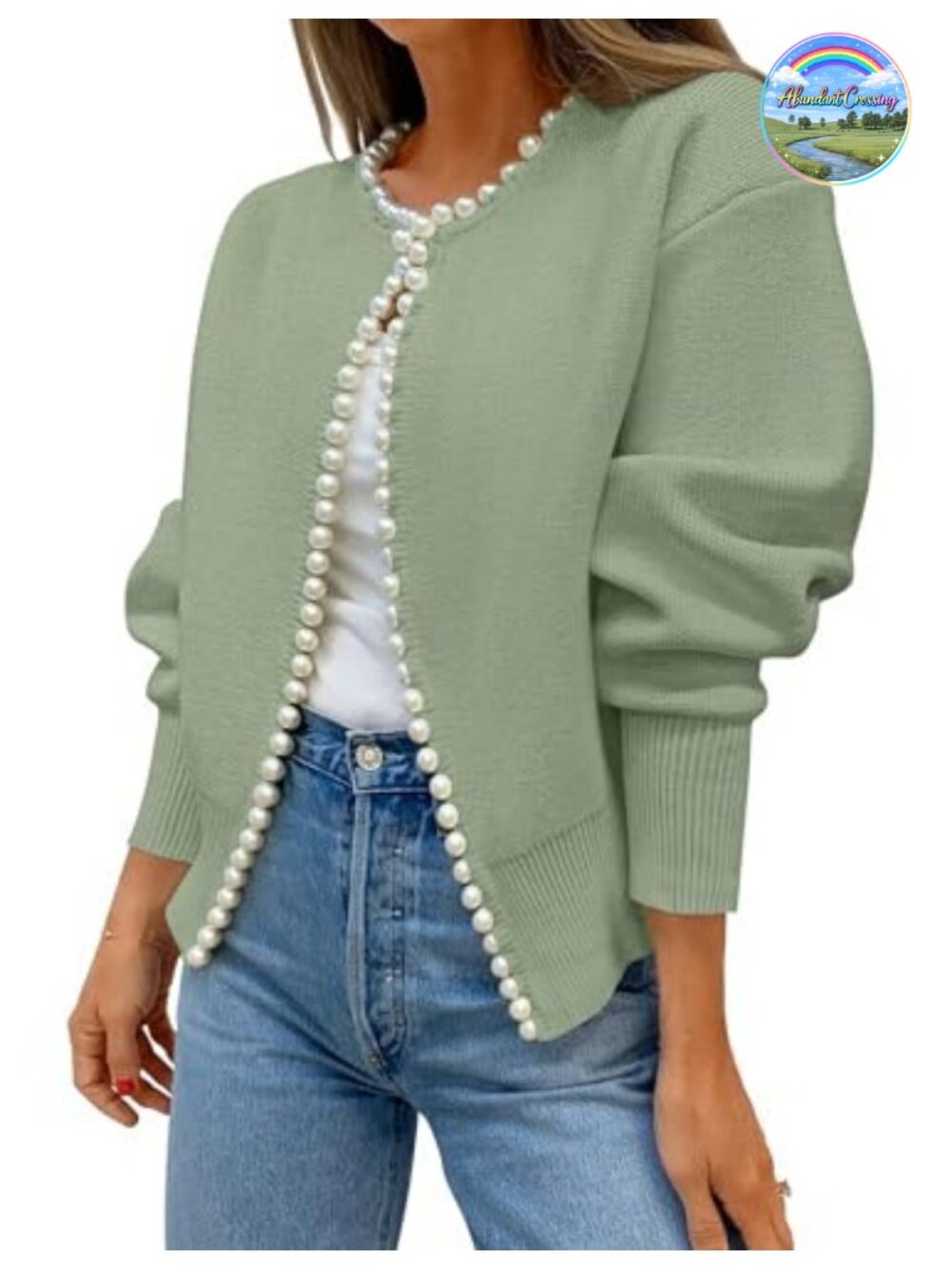 Pearl Embellished Open Front Cardigan Sweater Long Sleeve Knit